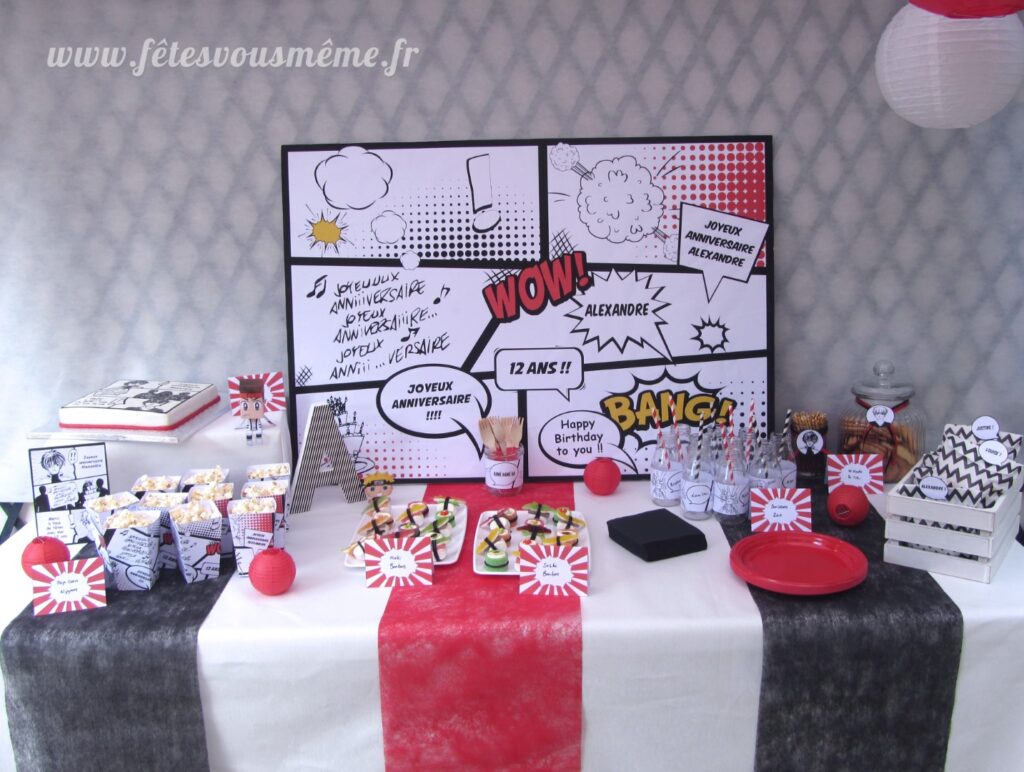 Pour ma table gourmande Manga / Sweet Table Manga, je suis resté sur ma ligne graphique : inspiration japonaise en rouge, blanc et noir.
J’ai bien entendu utilisé mon kit déco « Manga » créé pour l’occasion, pour faire la décoration de ma table.