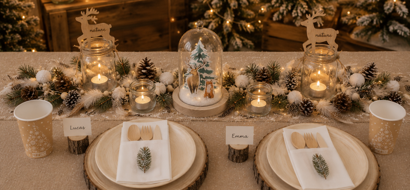 table de Noël décoration forêt enneigée